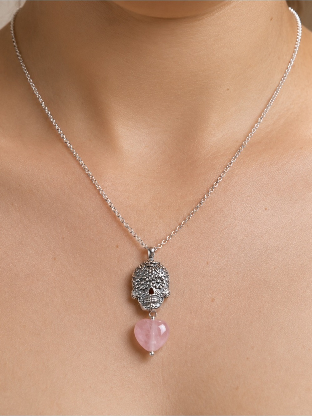 Gabriela Sanchez 925 sterling silver dia de muertos charm and pink quartz